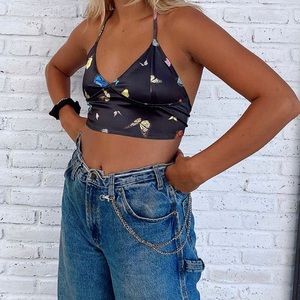 Dyla Top in Black Satin Butterfly